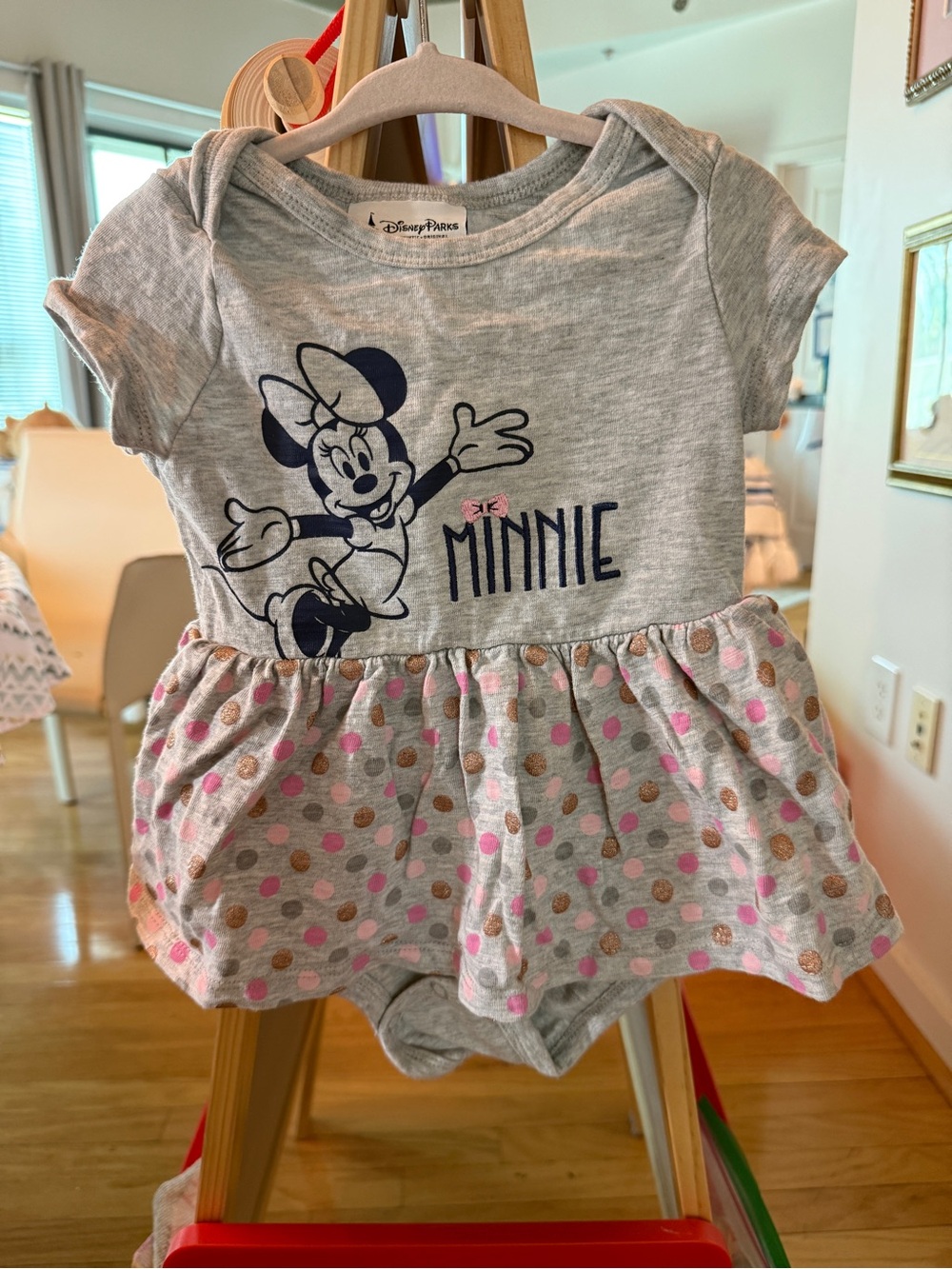 Disney world Baby Girl 18m Minnie Mouse Gray Bodysuit Dress Short Sleeves Parks